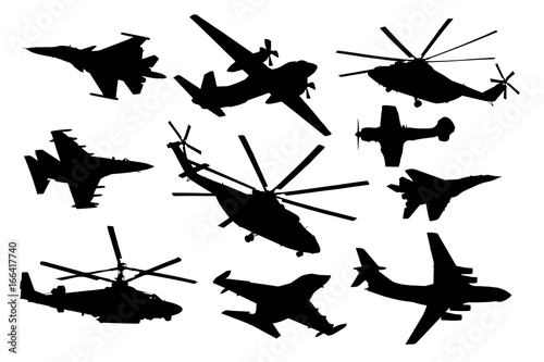Airplane, helicopter set. Military aircraft silhouette vector collection. Air transport