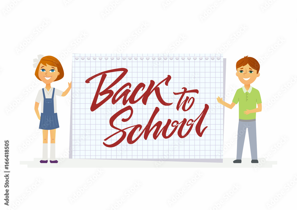 Back to school - characters of happy students with calligraphy lettering Back to school - characters of happy students with calligraphy lettering