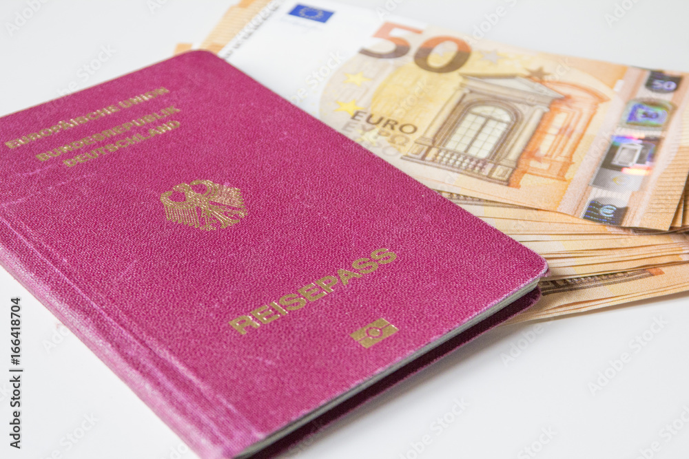 German international traveling passport and euro money. German international traveling passport and euro money.
