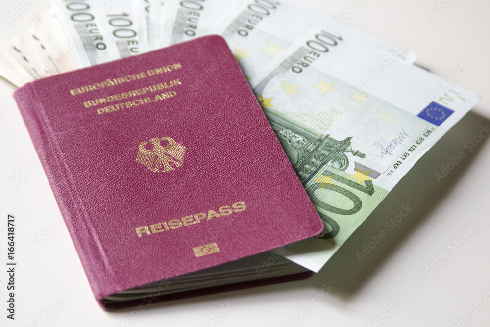 German international traveling passport and euro money. German international traveling passport and euro money.
