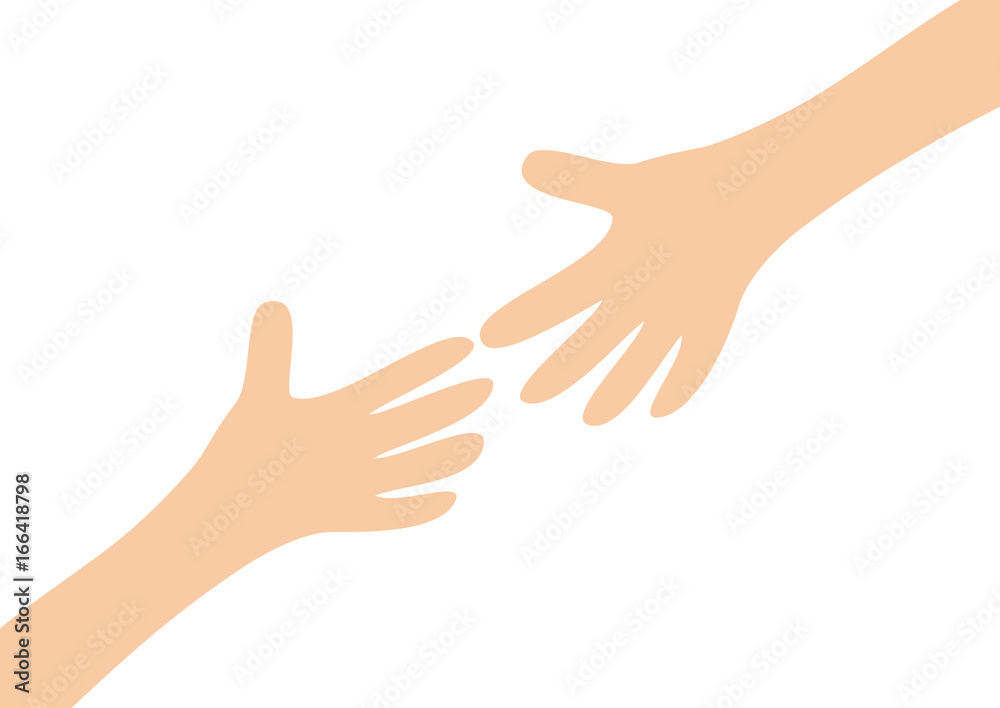 Two arms hands reaching to each other. Child and mother. Close up body part. Helping hand. Happy Valentines day. Flat design. Love soul gift concept Isolated. White background.