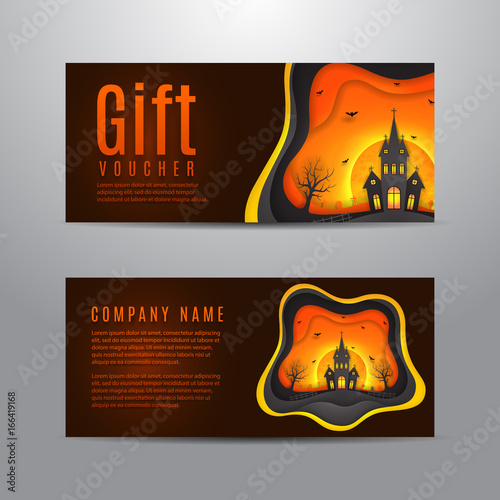 Gift voucher for halloween. Design of coupon usable for invitation and ticket. Creative background with elements are layered separately. Paper art style vector illustration.