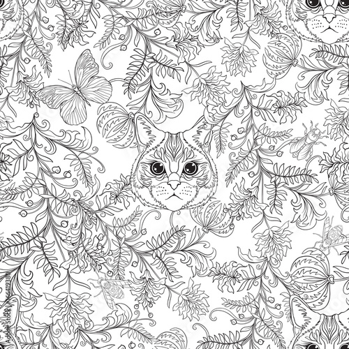 Seamless pattern, background with vintage style flowers and animals. Outline hand drawing coloring page for adult coloring book. Stock line vector illustration.

