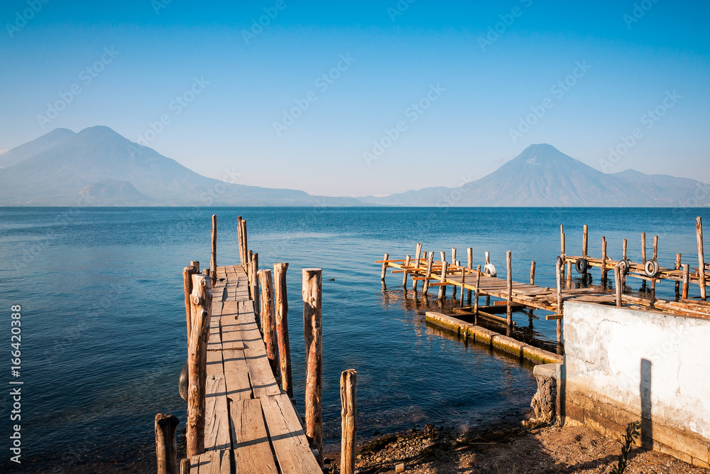 Lake Atitlan and Volcano views from the old pier in Panajachel, Guatemala