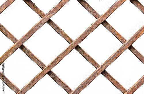 Close up old rusty brown metal fence pattern on white background.
