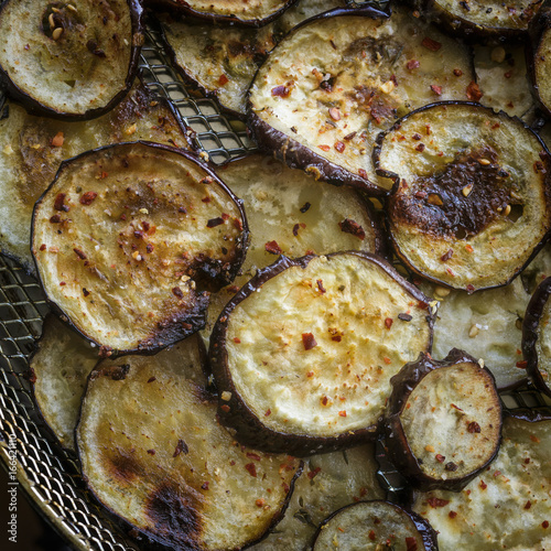 Baked Eggplant. Square crop. Close up.