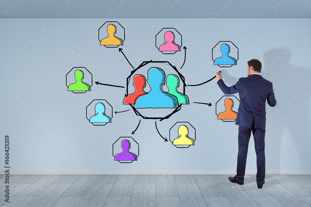 Businessman drawing social network sketch on a wall 3D rendering Businessman drawing social network sketch on a wall 3D rendering