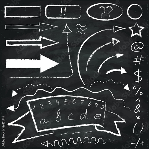 Set of chalk drawn  arrows and symbols on the chalkboard background.