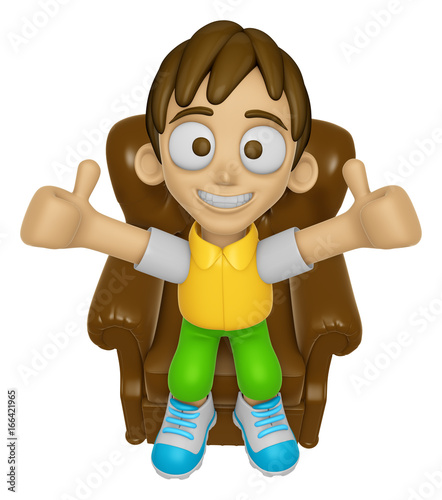 3D Child Mascot is sitting on a chair assume the gesture of the best. Work and Job Character Design Series 2. photo