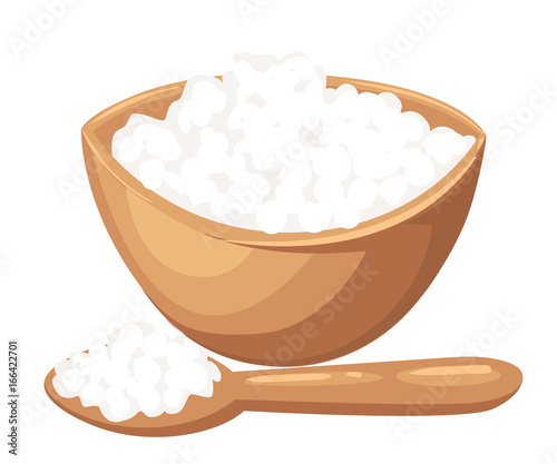 Cottage cheese vector illustration in flat design. Cottage cheese or porridge in blue plate with spoon and herb. Natural and healthy nutrition. For food concept, milk production ad. Isolated on white