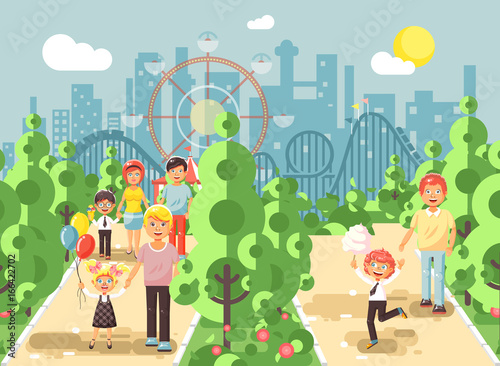 Vector illustration walk stroll promenade of parents with children, child s day, balloons, eat ice cream and cotton candy amusement park outdoor, roller coaster switchback background flat style