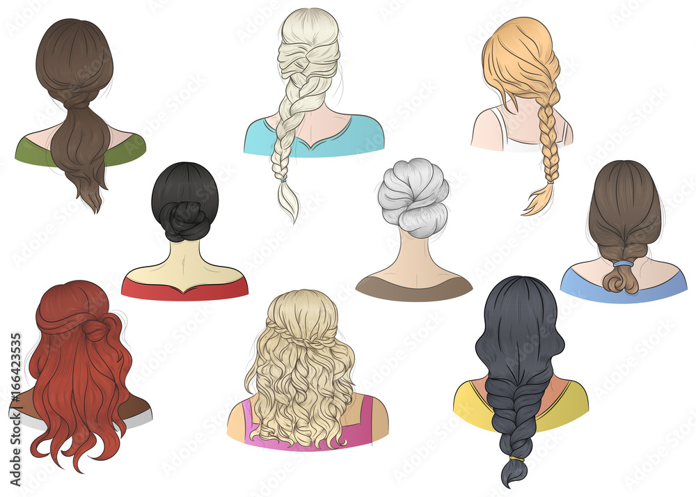 Vector female hairstyles. Women of different nationalities. Back view