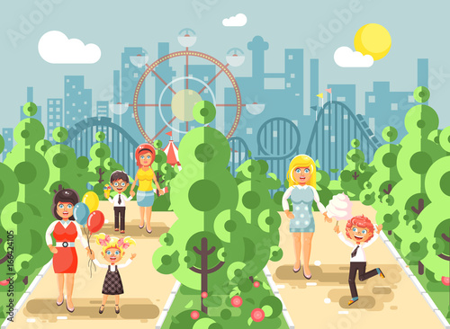 Vector illustration walk stroll promenade boy and girl with moms, child s or mother s day, cotton candy on alley pavement amusement park outdoor, roller coaster switchback background flat style