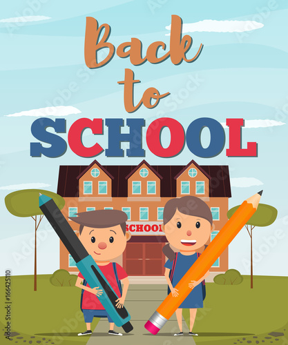 Back to school. Boy and girl on the background of the school building. Back to school poster, banner or flyer. Vector illustration in flat style