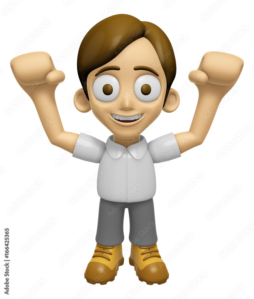 3D Man Mascot is cheering hands spread wide. Work and Job Character Design Series 2.