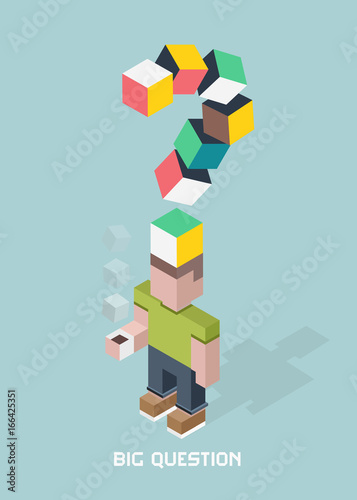 Man with big question doubts, giant question mark, cubes composition isometric vector illustration