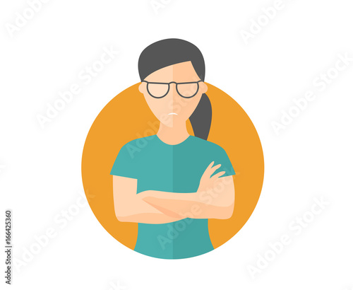 Sullen and gloomy pretty girl in glasses, offended woman. Flat design icon. Morose, moody emotion. Simply editable isolated on white vector sign