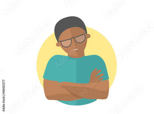 Offended black handsome man in glasses. Insult emotion. Flat design sign. Abused guy. Simply editable isolated on white vector illustration