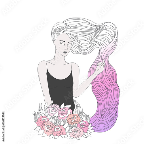 A beautiful girl with long wavy coloring hair, young woman with white and pink dyed hairs, and flowers. Vector illustration in beauty theme.