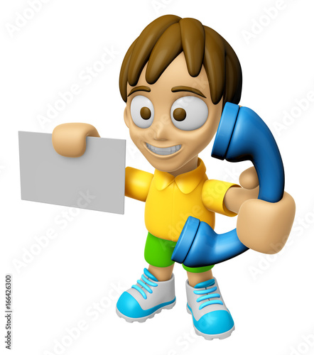 3D Child Mascot hand is holding a business card and telephone. Work and Job Character Design Series 2. photo