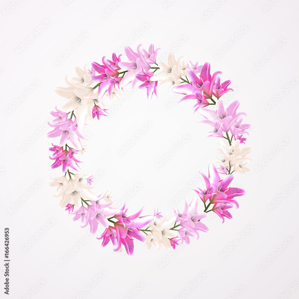 Round floral frame. Flower lily blossom vector illustration.