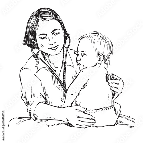 Baby and pediatrician, listening with stethoscope, hand drawn doodle, sketch in pop art style, black and white vector illustration