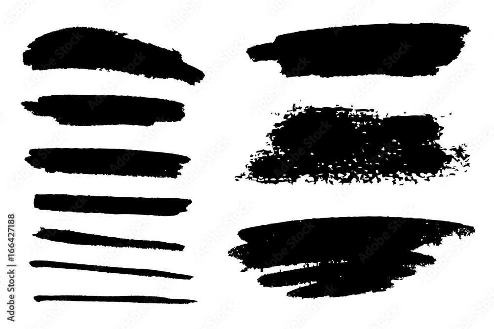 Set of black paint, ink brush strokes
