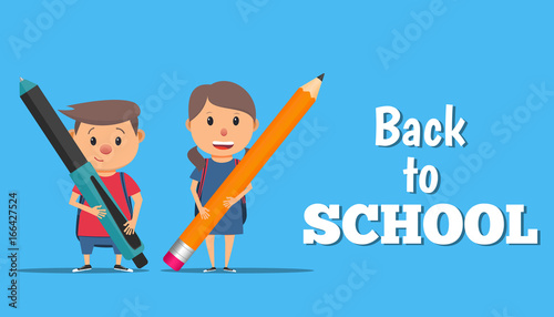 Back to school. A boy and a girl are holding a pen and pencil. Back to school poster, banner or flyer. Vector illustration in flat style