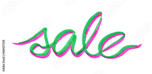 Word "sale" painted in bright neon felt highlighter pen on clean white background