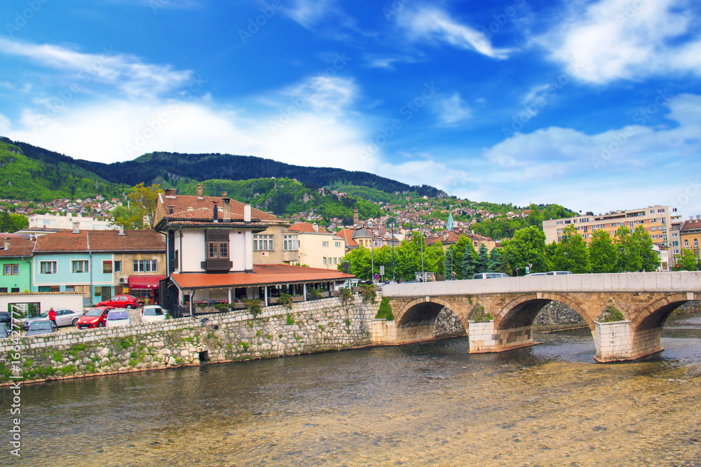 View of the Latin bridge, one of the oldest bridges of Bosnia and Herzegovina, runs through the Milyacka River in Sarajevo, Bosnia and Herzegovina