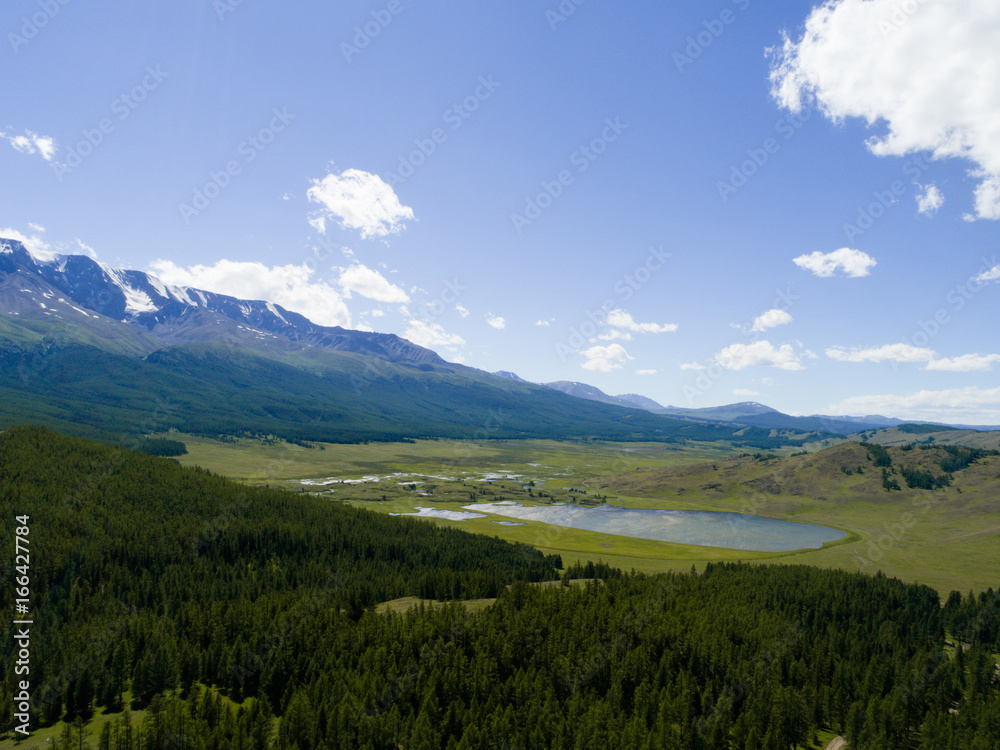 Mountain green forest river top view panoramic landscape aerial