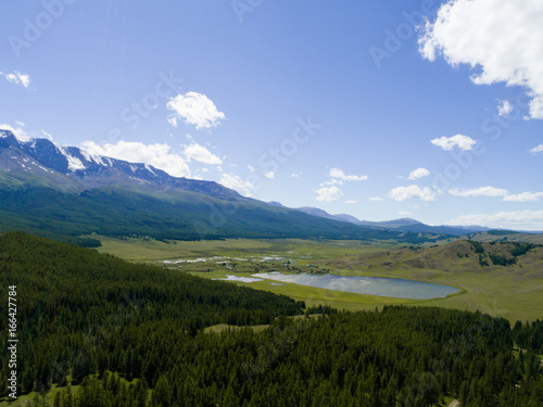 Mountain green forest river top view panoramic landscape aerial