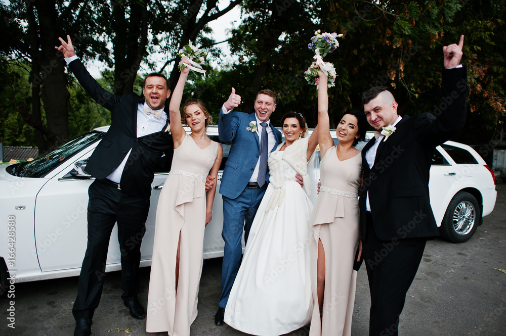 Wedding couple and groomsmen with bridesmaids posing next to the limousine.