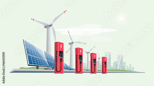 Charging Station for Electric Car with Solar Panels and Wind Turbines