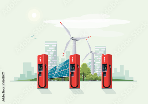 Charging Station for Electric Car with Solar Panels and Wind Turbines