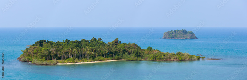 Beautiful tropical island landscape. View from Koh Chang to Koh Man Nai. Panorama shot