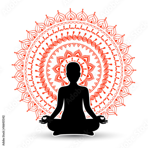 Black silhouette of woman in meditation pose. Vector illustration.