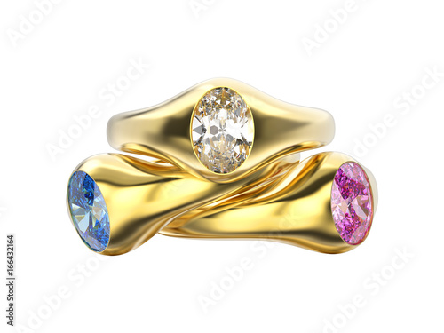 3D illustration three yellow gold diamonds rings with pink blue white diamonds