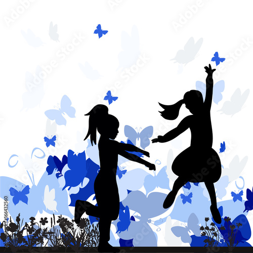 silhouette of children playing on colorful background