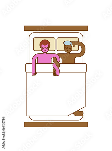 Gays in bed. Two guys are hugging in Sleep. LGBT love. bedstead scene