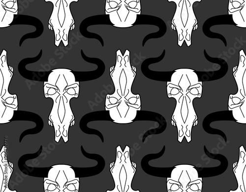 Skull cow pattern. head of skeleton bull background. Death of an farm animal texture. Remains cattle ornament