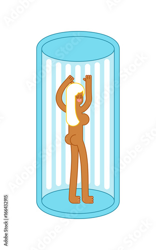 girl in solarium is vertical. Apparatus for sunbathing. Beautiful sexy woman