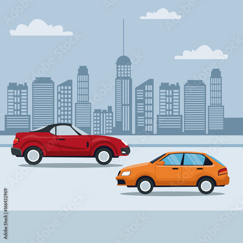 blue silhouette city landscape background with sport convertible vehicle and classic car in the street