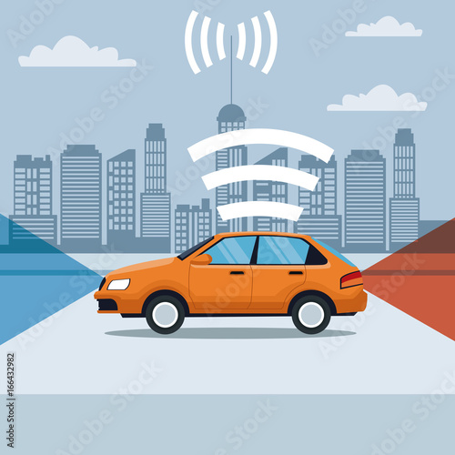 blue silhouette city landscape background of classic car vehicle in the street with wireless sygnal satellite search
