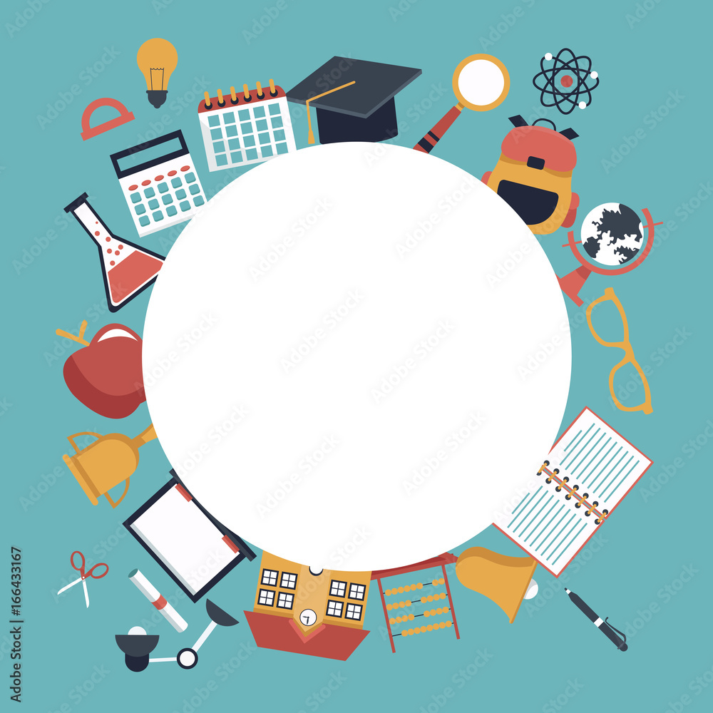 color background with circular frame empty and set school elements icons around
