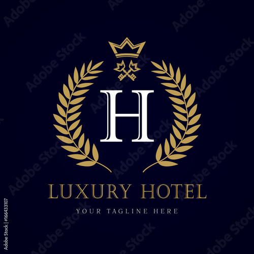 Luxury Hotel crown and key letter "H" monogram logo. Laurel elegant beautiful round logo with crown and key. Vector letter emblem sign H for Royalty, Restaurant, Boutique, Hotel, Heraldic, Jewelry