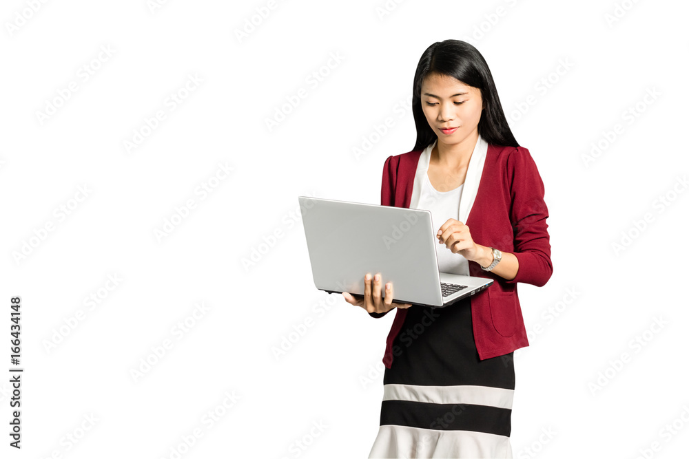 Portrait of a beautiful asian business woman with laptop. Isolated on white background with copy space and clipping path Portrait of a beautiful asian business woman with laptop. Isolated on white background with copy space and clipping path