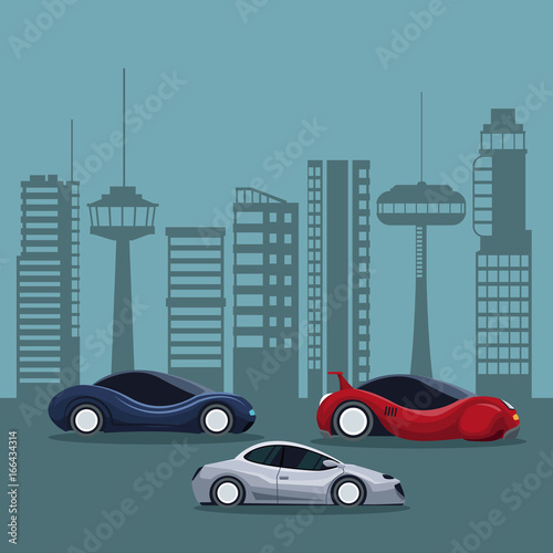 futuristic city landscape silhouette with colorful set of sport and modern cars