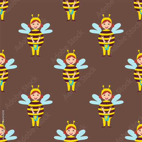 Cute bee kids wearing costume vector characters little people seamless patter...