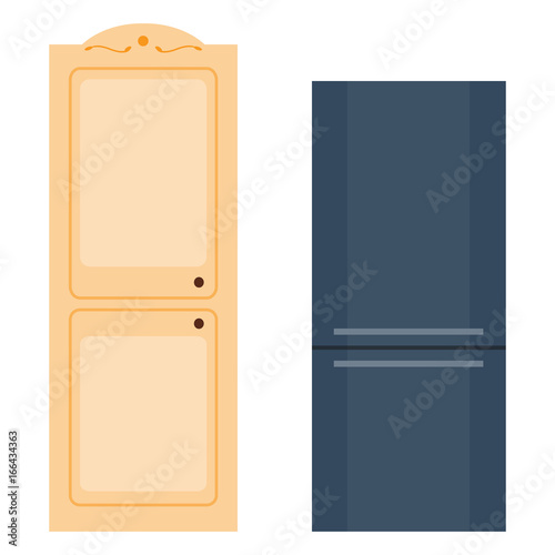 Refrigerator organic food kitchenware household utensil fridge appliance freezer vector illustration.